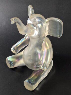 Iridescent Glass Elephant Figurine, Satin Gloss Paperweight, Whimsical Animal